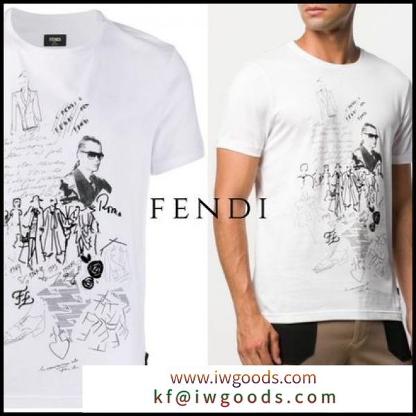 FENDI ブランド コピー - ロゴ Karl Kollage プリント コットン ホワイト Tシャツ iwgoods.com:x2vvlg