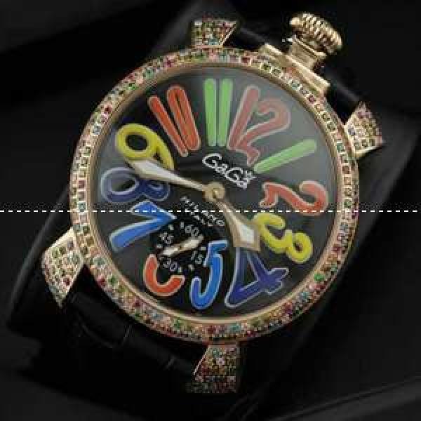 GaGaMILANO ガガミラノ腕時計 マルチカラーインデックス ブラック ベルト ダイヤベゼル 2針 機械式（手巻き）/夜光効果