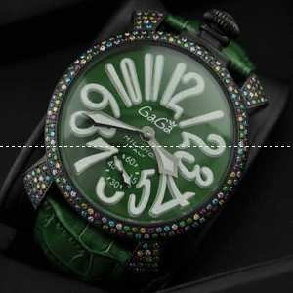 GaGaMILANO ガガミラノ腕時計 グリーン レザー ダイヤベゼル 2針 機械式（手巻き）/夜光効果