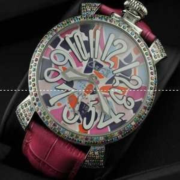 GaGaMILANO ガガミラノ腕時計 ダイヤベゼル ピンク レザー ダイヤベゼル 2針 機械式（手巻き）/夜光効果