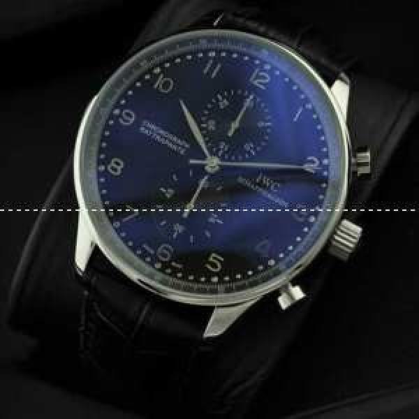 IWC クオーツ メンズ腕時計　メードインジャパンクオーツ 6針クロノグラフ 青文字盤　日付表示 レザーベルト 47mm